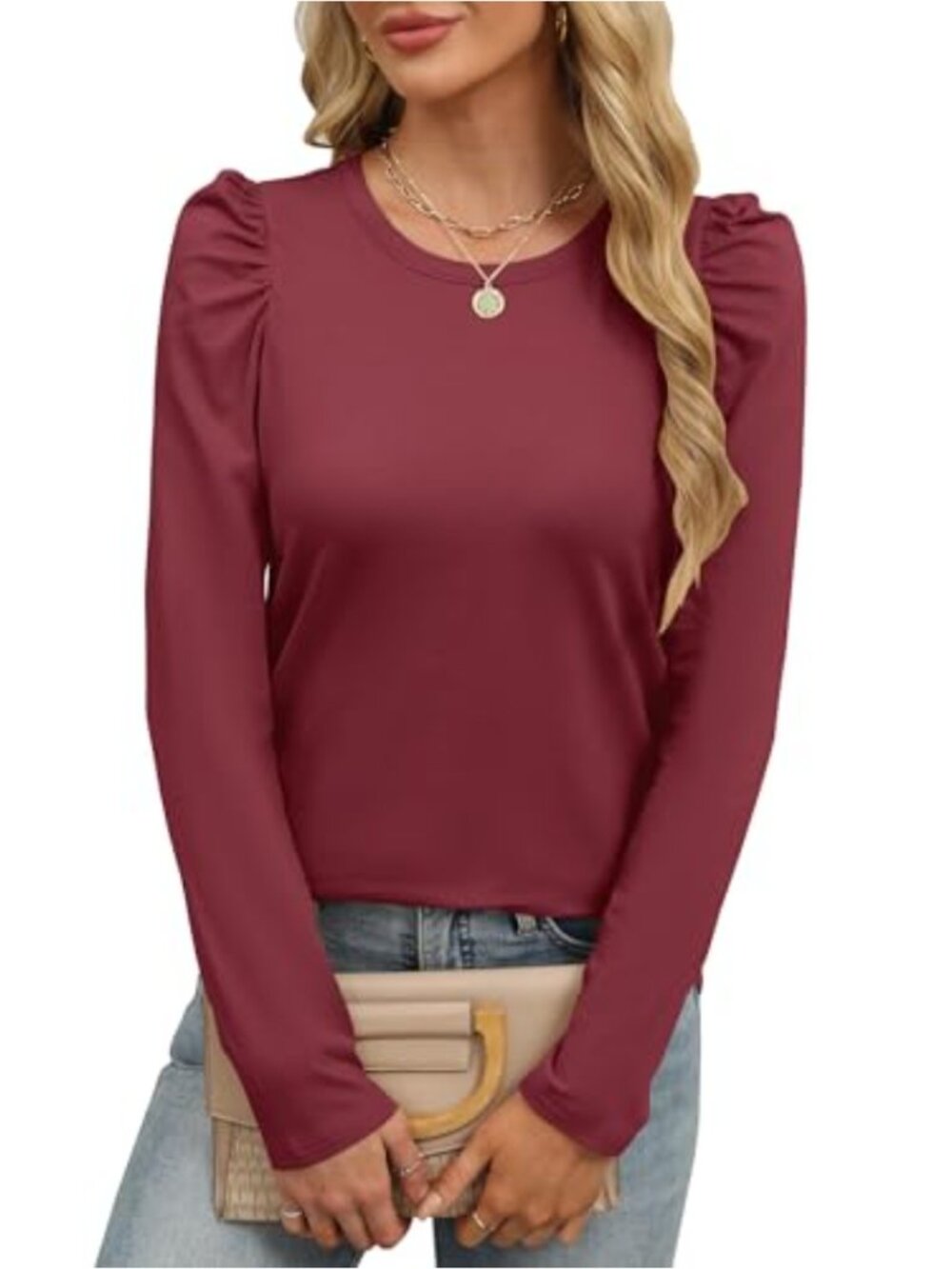 Puff Long Sleeve Crewneck T-Shirt Dressy Casual Basic Blouse